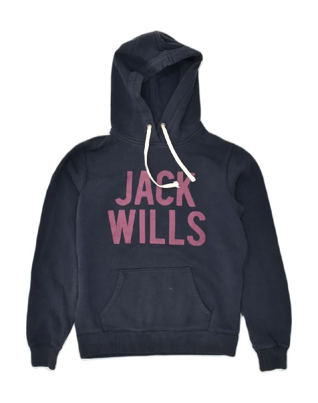 JACK WILLS Womens Graphic Hoodie Jumper UK 12 Medium  Navy Blue Cotton