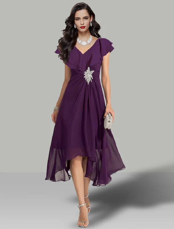 A-Line Wedding Guest Dresses Elegant Dress Cocktail Party Short Sleeve V Neck Chiffon with Rhinestone