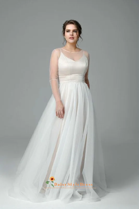 Plus Size Illusion Long Sleeve Swiss Soft Tulle Wedding Dress