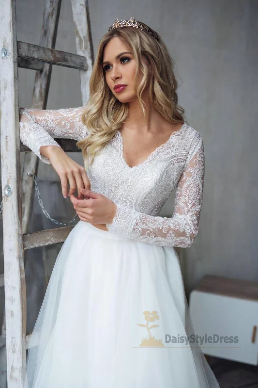 Long Lace Sleeve Two Piece Wedding Dress