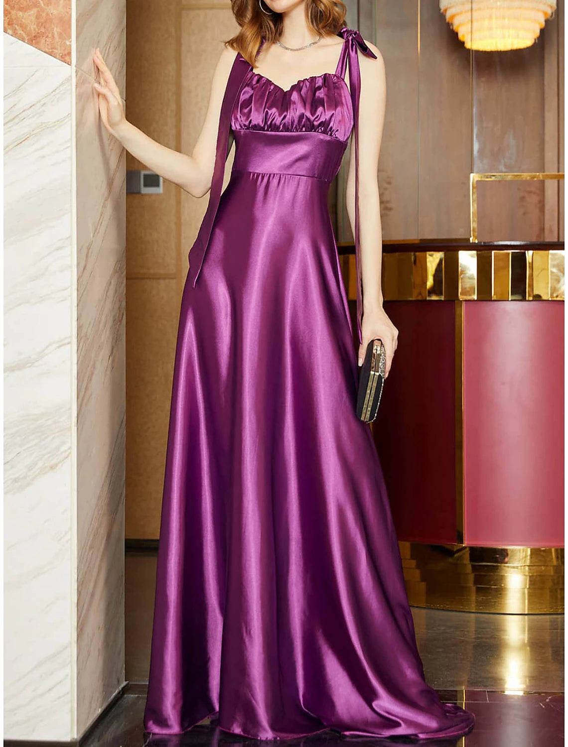 A-Line Party Dresses Open Back Dress Holiday Wedding Guest Floor Length Sleeveless Square Neck Bridesmaid Dress Satin Backless with Strappy