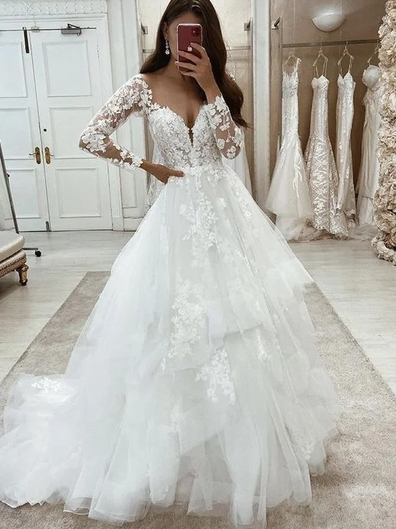 Long Sleeve Ruffle Skirt White Wedding Dress