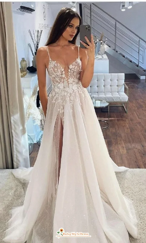 Spaghetti Straps Slit Summer Wedding Dress