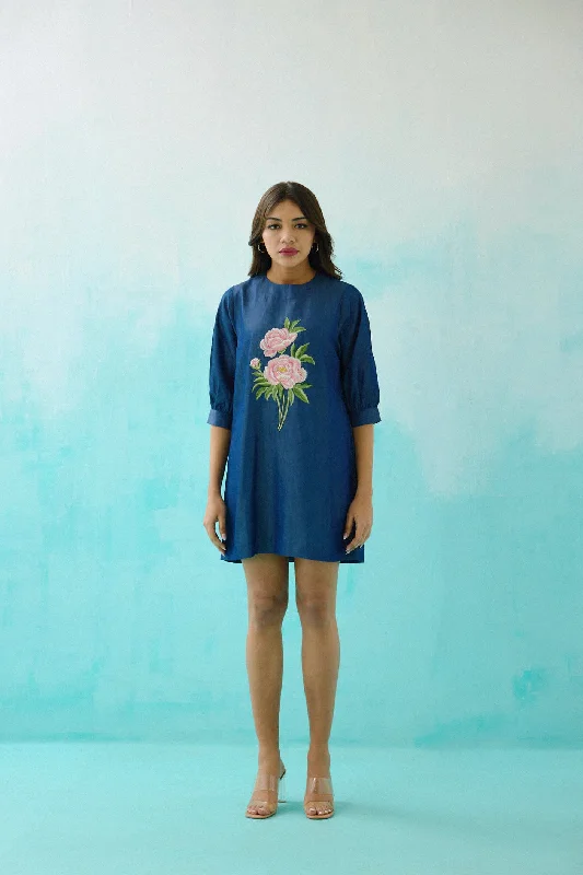 Denim Peony Embroidered Shift Dress