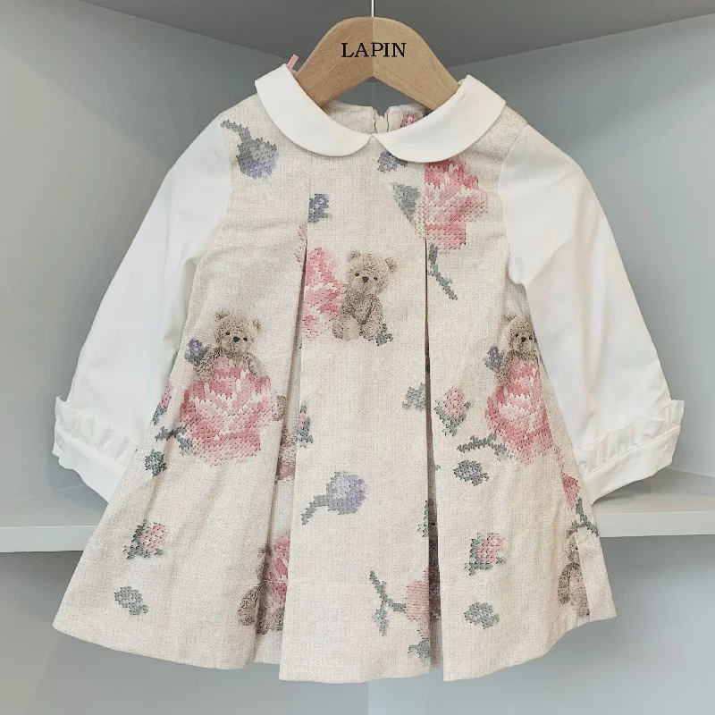 LAPIN HOUSE - Teddy Rose Peter Pan Collar Dress - Blush