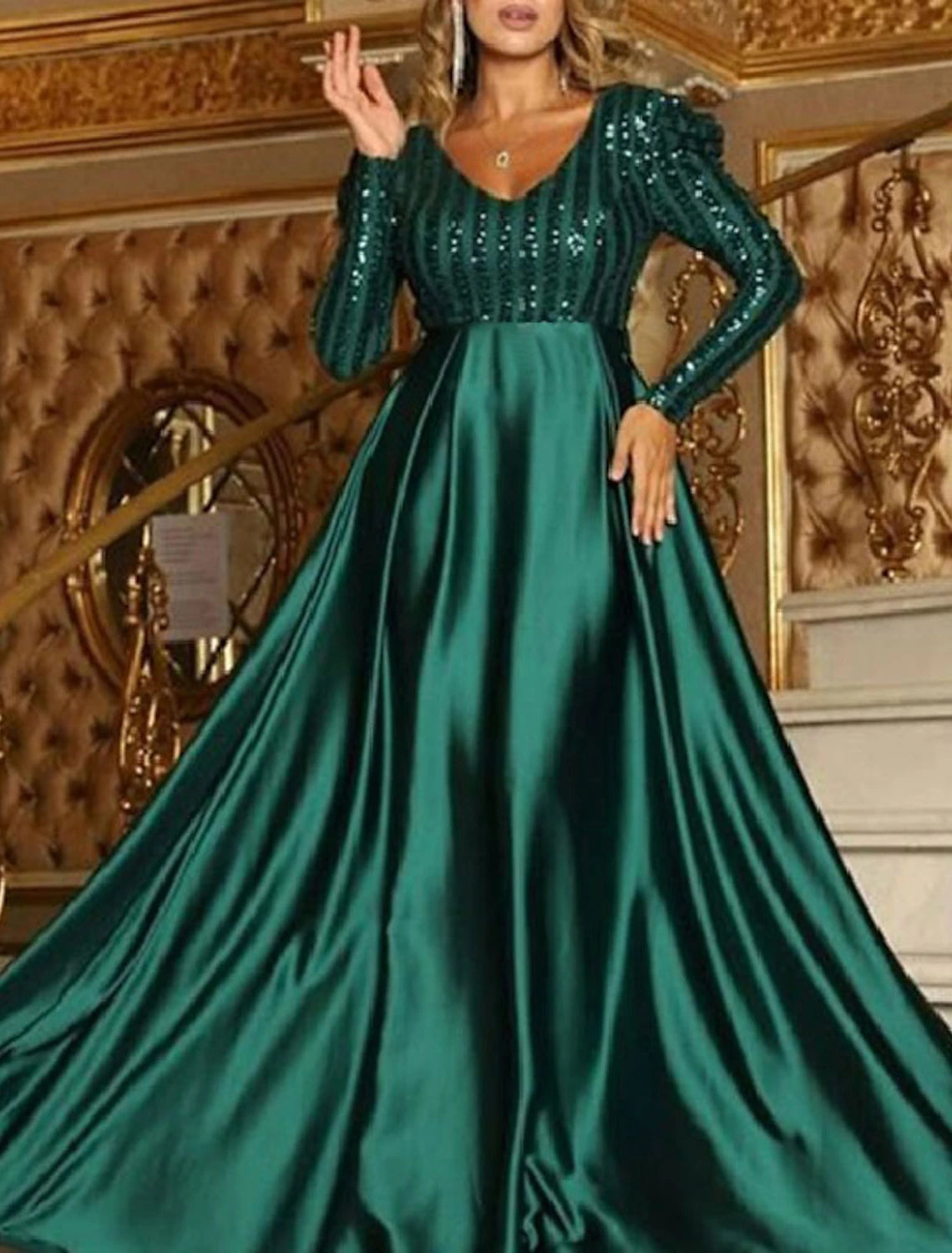 A-Line Sparkly Engagement Formal Evening Party Dress V Neck Long Sleeve Court Train Polyester with Sequin