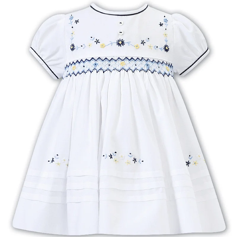 SARAH LOUISE - White Smocked Dress - Navy/Yellow