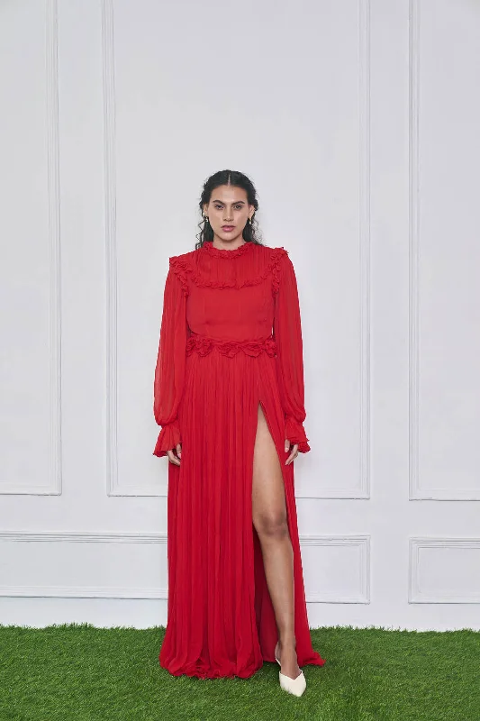 Poetry of Love Chiffon Red Maxi Slit Dress