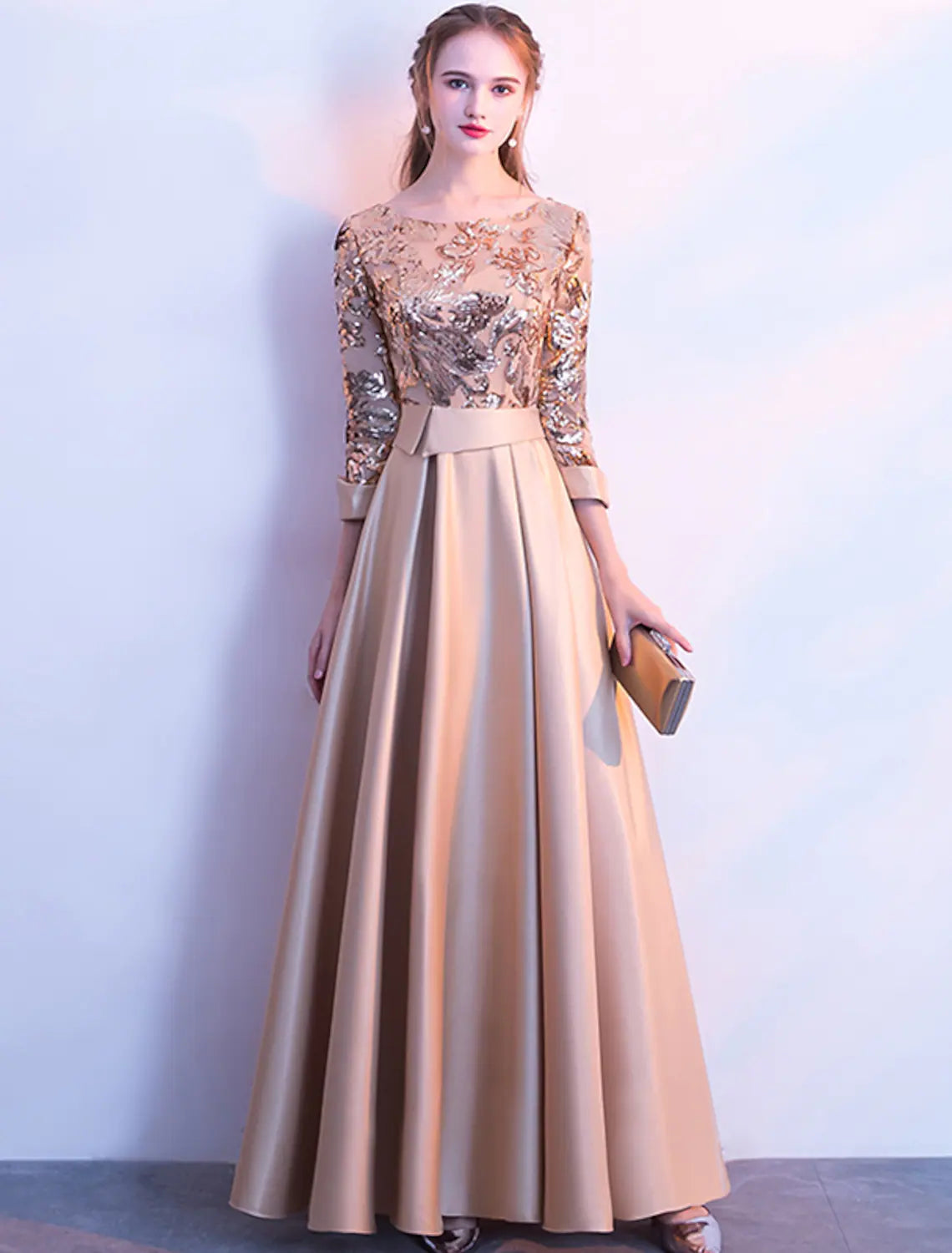 A-Line Glittering Elegant Prom Formal Evening Dress Satin with Sequin