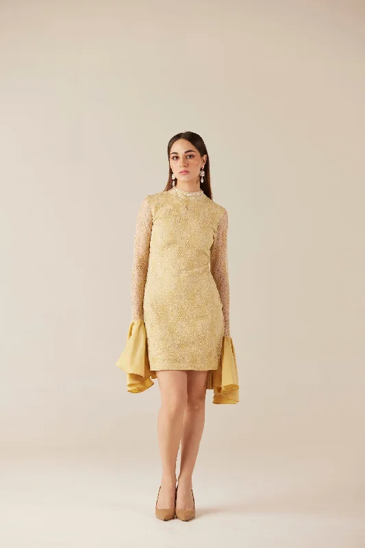 Midas Touch Golden Short Lace Dress With Bell Sleeves