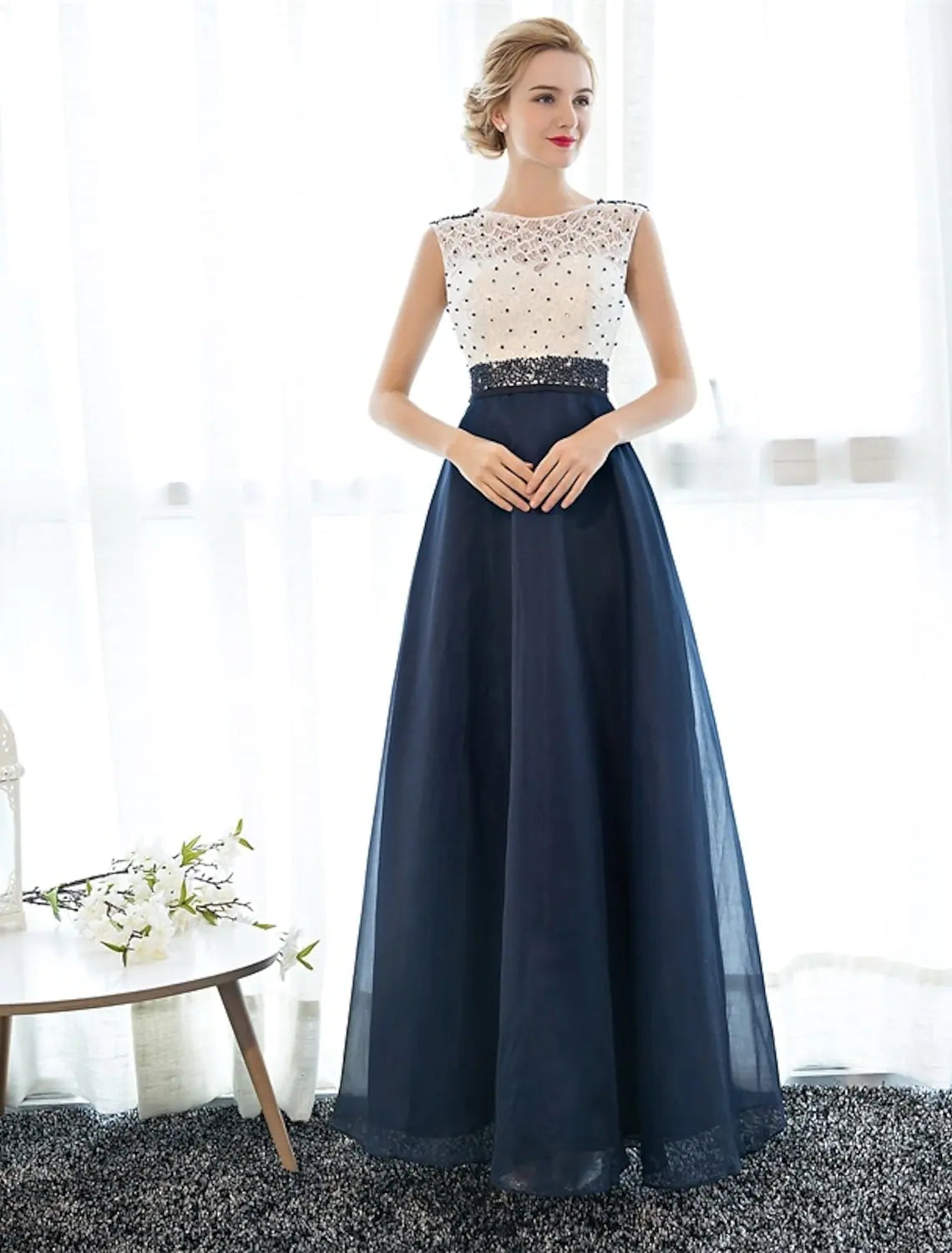 A-Line Elegant Beaded Sequin Prom Formal Evening Dress Sleeveless Floor Length Tulle Over Lace Beading