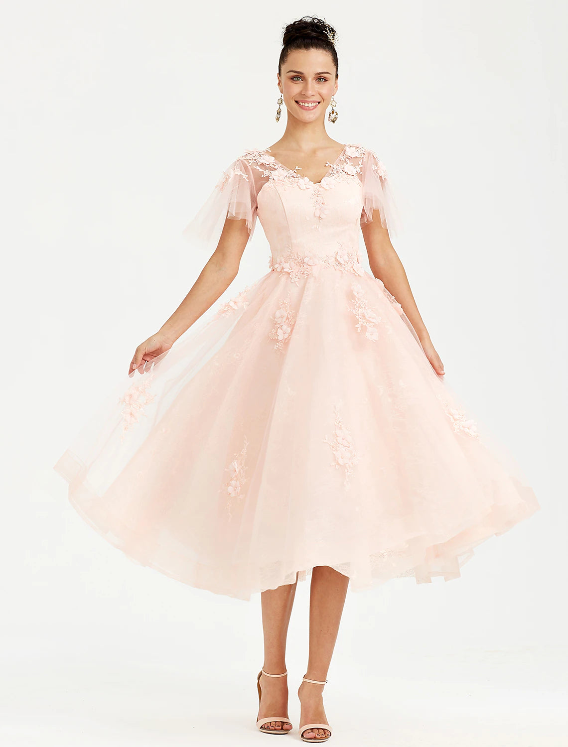 A-Line Prom Dresses Elegant Dress Wedding Short Sleeve V Neck Tulle with Appliques