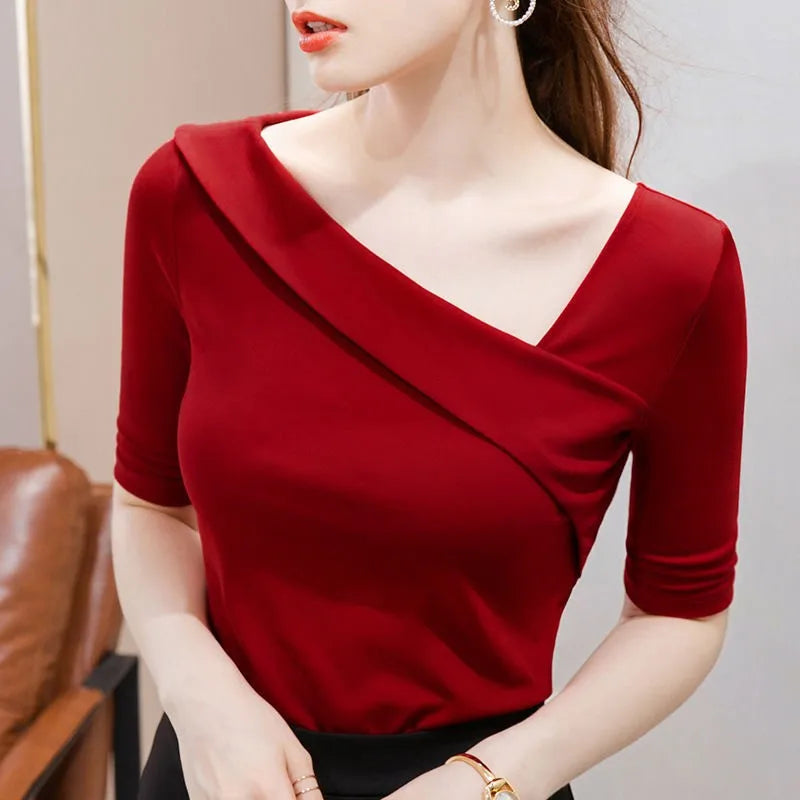 Women's Skew Collar Sheath Blouse Fashion Designer T-Shirts