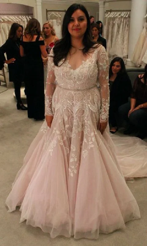 Plus Size Blush Long Sleeve Lace Wedding Dress