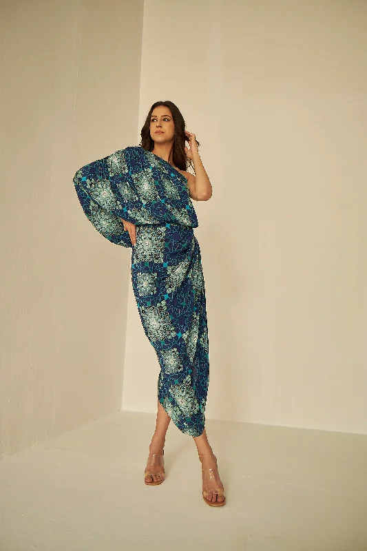 Blue - Tashkent Print Drape Dress