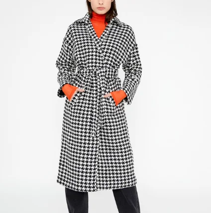 Long Button Down Coat - White Houndstooth