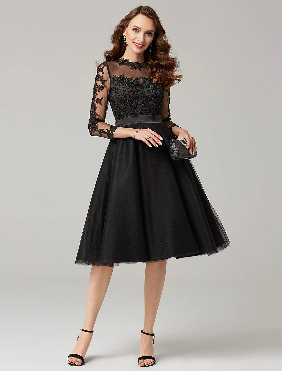 A-Line Elegant Dress Wedding Guest Knee Length 3/4 Length Sleeve Illusion Neck Tulle Over Lace with Appliques