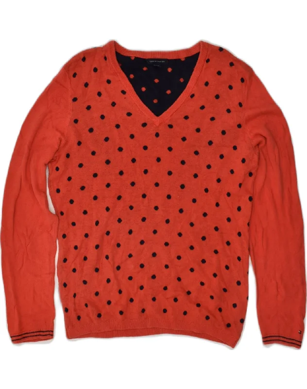 TOMMY HILFIGER Womens V-Neck Jumper Sweater UK 14 Medium Orange Polka Dot