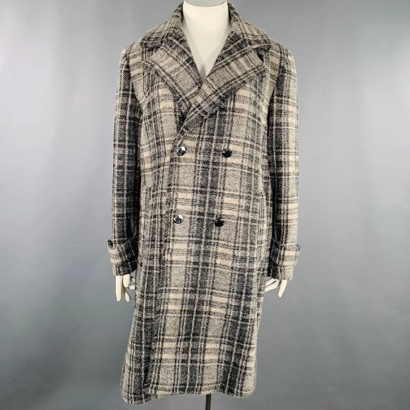 ELIE TAHARI Size XL Grey Black Nylon Blend Plaid Double Breasted Coat