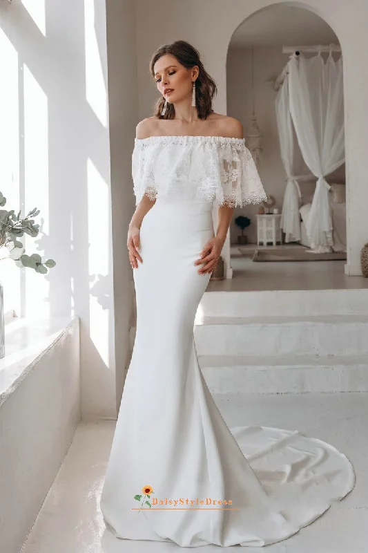 Fitted and Flare Off Shoulder Sleeves Boho Wedding Dress