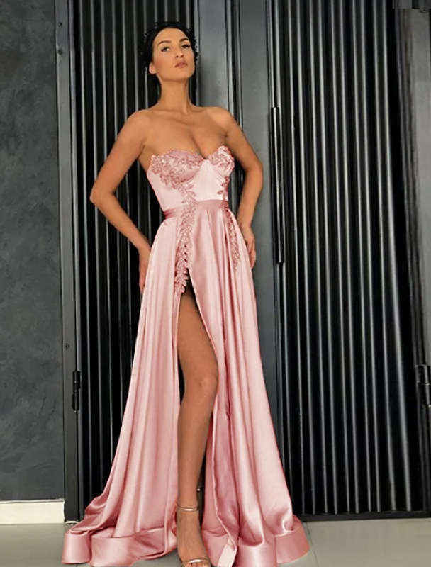 A-Line Elegant Party Wear Prom Dress Off Shoulder Sleeveless Floor Length Satin with Pleats Slit