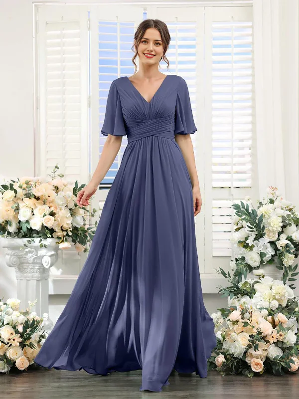 DingJiDress A-Line Bridesmaid Dress V-Neck Sleeve for Wedding Guest Long Formal Party Dresses with Slit