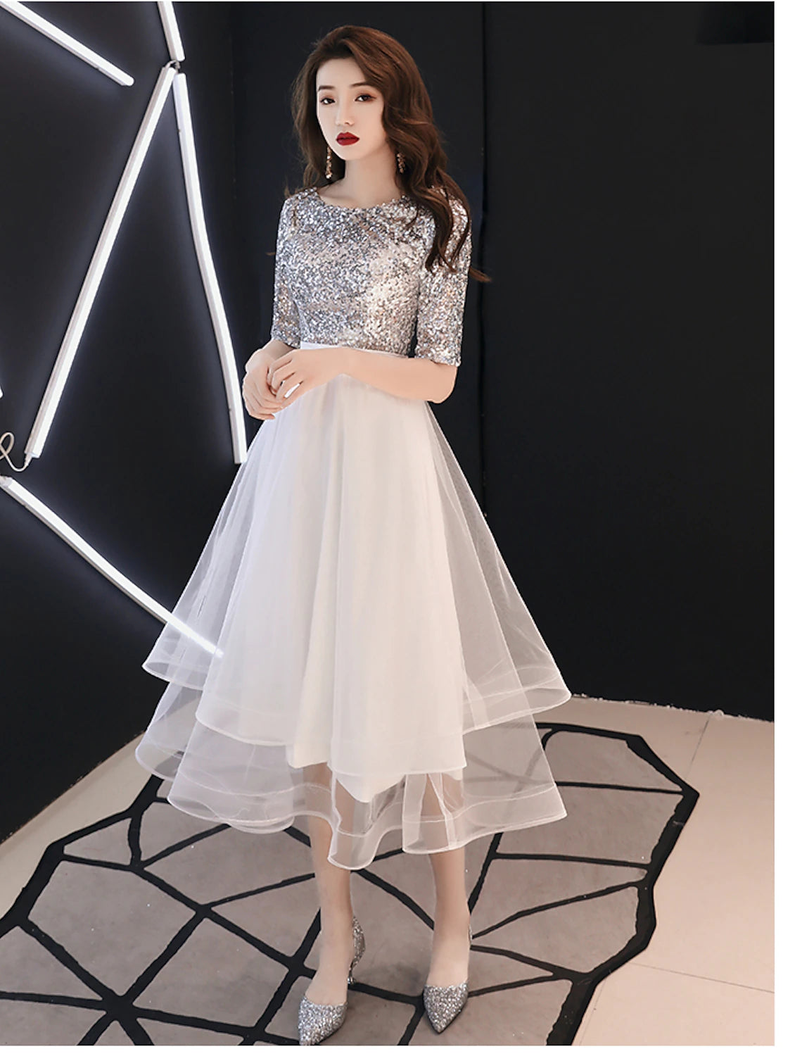 A-Line Sparkle White Cocktail Party Prom Dress Jewel Neck Half Sleeve Tea Length Satin with Sequin