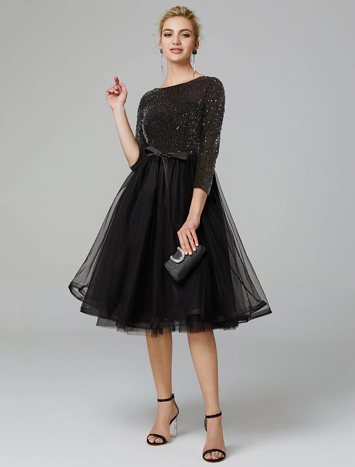 A-Line Cocktail Dresses Sparkle & Shine Dress Formal Tea Length 3/4 Length Sleeve Jewel Neck Fall Wedding Guest Tulle with Sequin