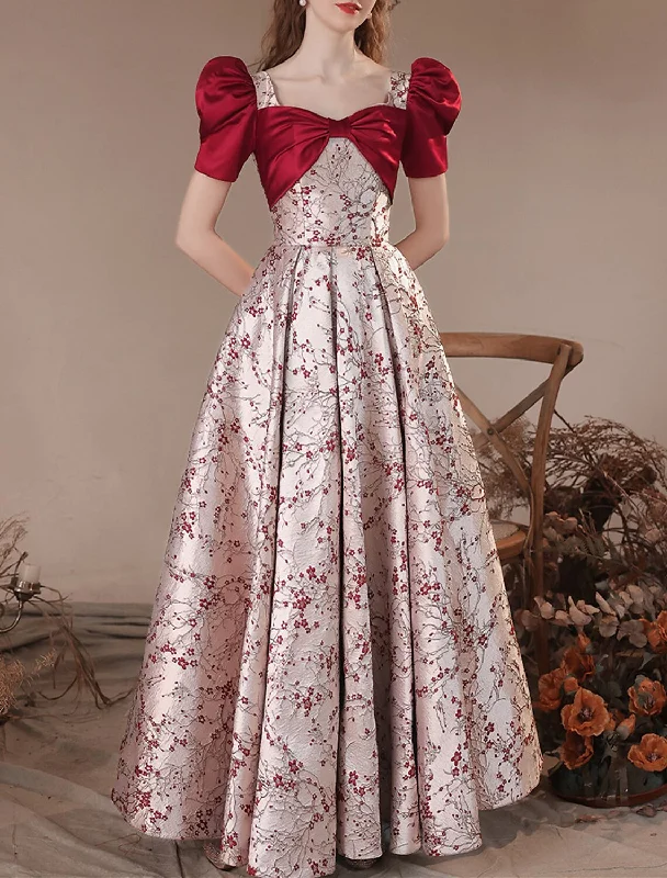 A-Line Party Dresses Floral Dress Masquerade Prom Floor Length Short Sleeve Square Neck Satin with Embroidery