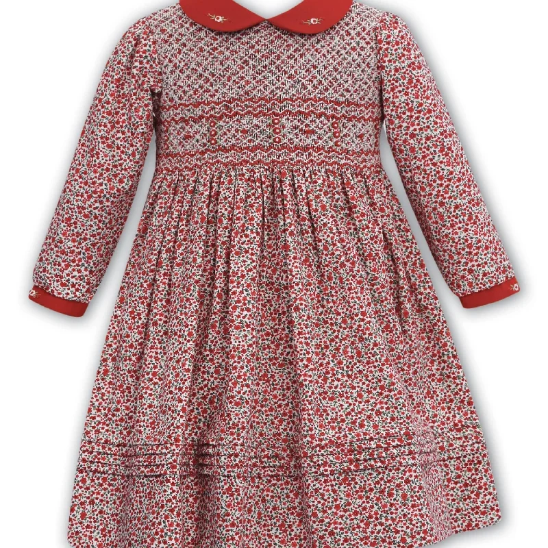 SARAH LOUISE FLORAL RED SMOCKED DRESS WINTER