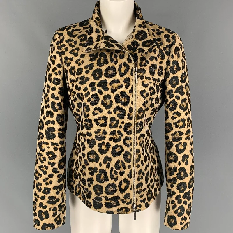 GIORGIO ARMANI Size 6 Tan Black Polyester Animal Print Jacquard Zip Up Jacket