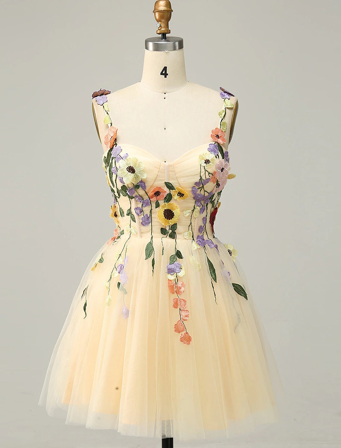 A-Line Homecoming Dresses Floral Dress Cocktail Party Short / Mini Sleeveless Spaghetti Strap Tulle with Appliques