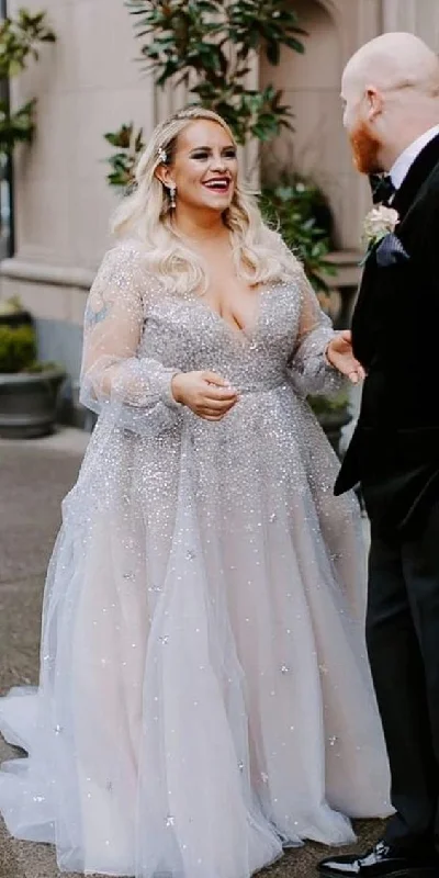 Long Sleeve Beaded Plus Size Wedding Dress