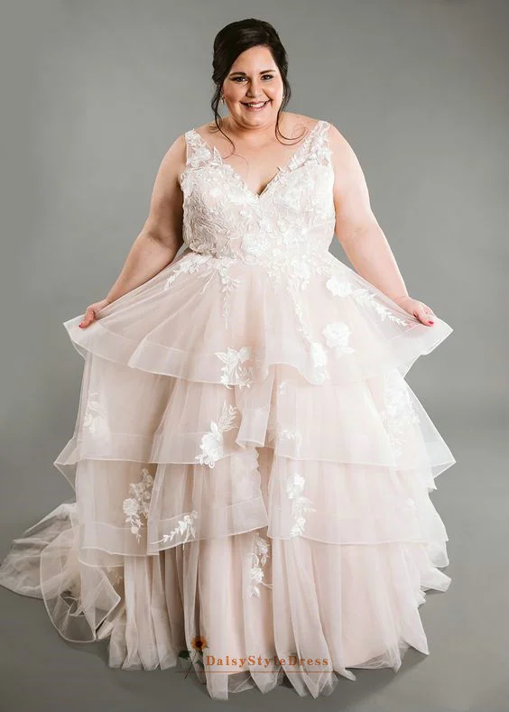 Plus Size Blush Wedding Dress with Tiered Skirt