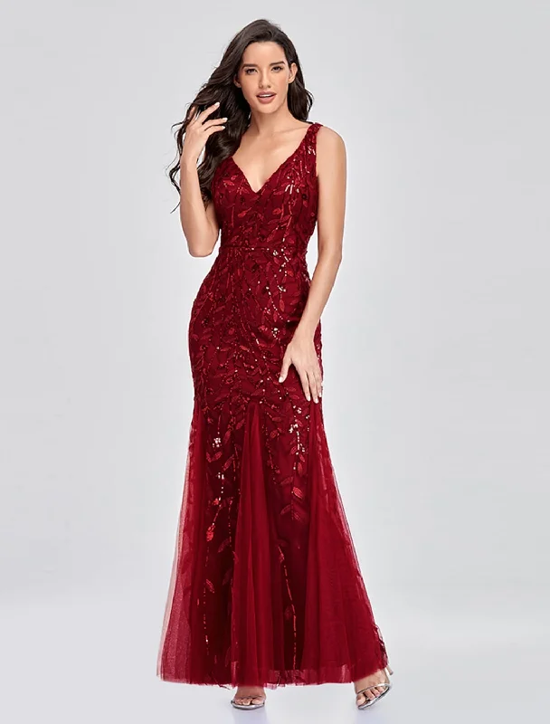 Elegant Party Wear Formal Evening Dress V Neck V Back Sleeveless Floor Length Tulle with Embroidery