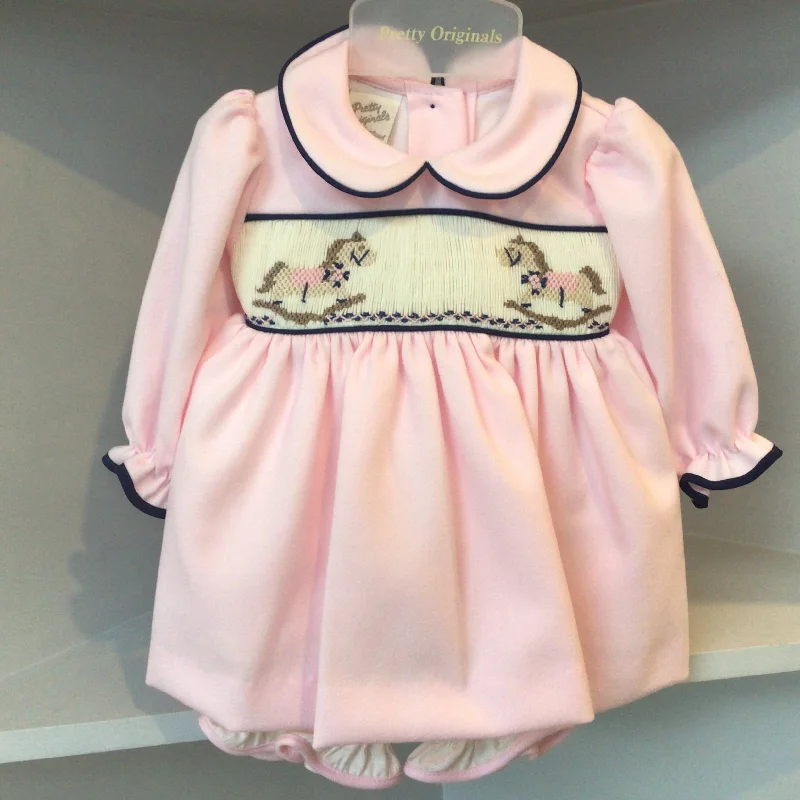 PRETTY ORIGINALS - Smocked Rocking Horse Dress Set & Hairband  - Pink