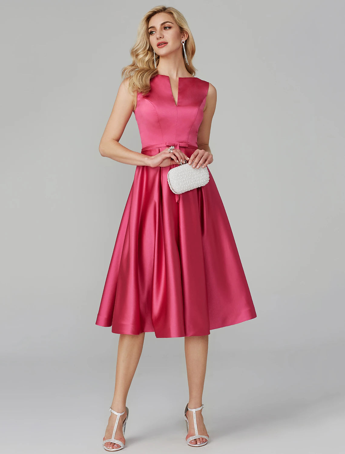 A-Line Party Dress Wedding Guest Knee Length Sleeveless V Wire Pink Dress Satin with Sash / Ribbon