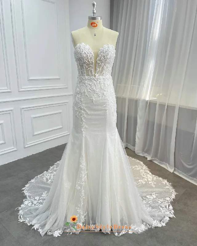 Fit and Flare Sparkle Sheer Lace Wedding Dress