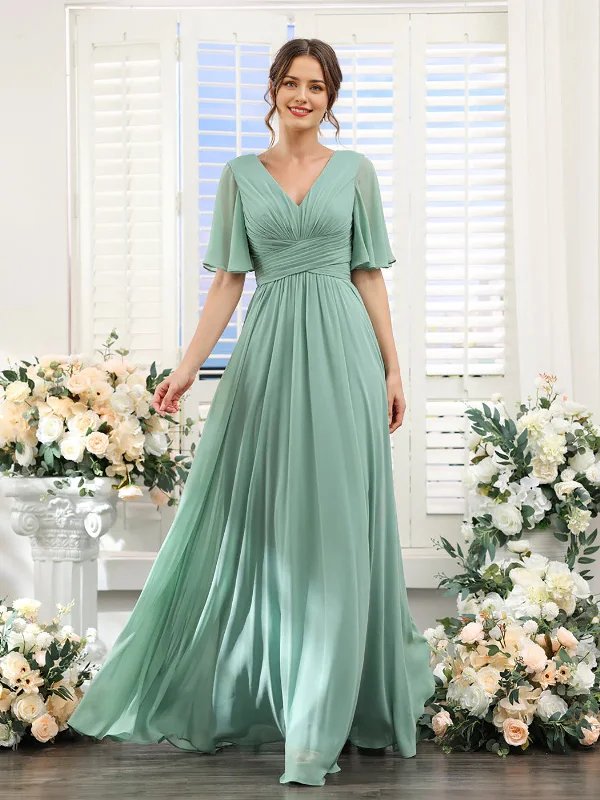 DingJiDress A-Line Bridesmaid Dress V-Neck Sleeve for Wedding Guest Long Formal Party Dresses with Slit