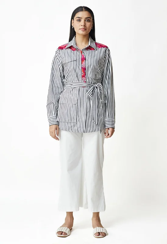 White & Black Stripe Embroidered Shirt