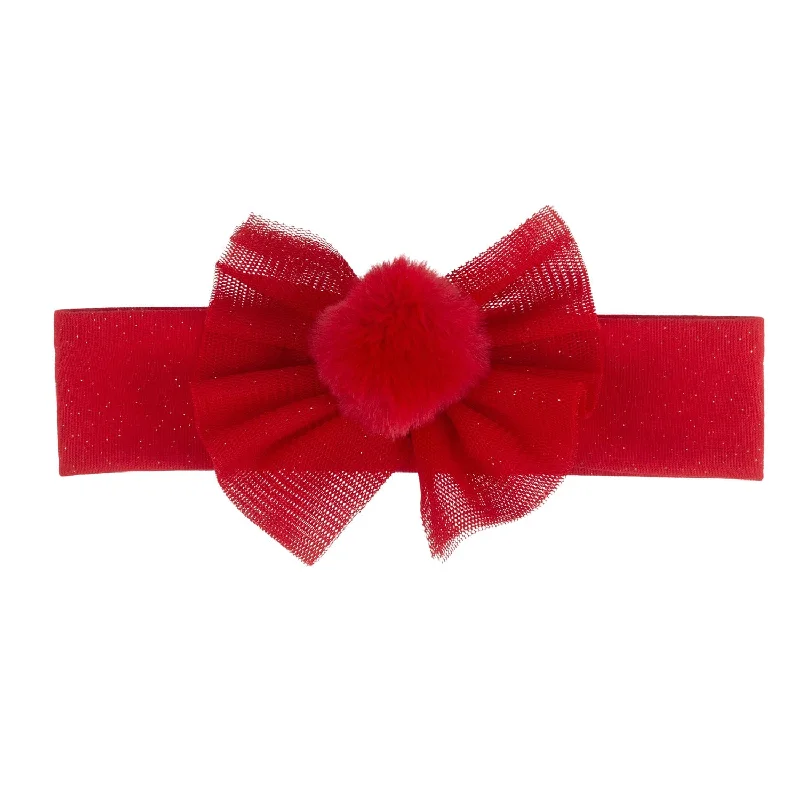 LITTLE A - Festive Hearts Haillie Pom Pom Headband - Red