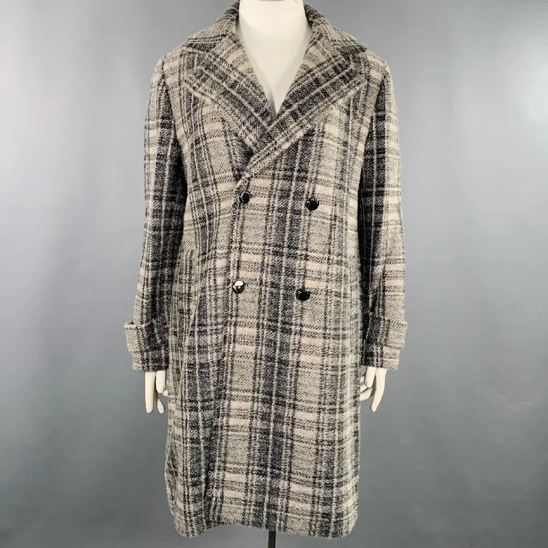 ELIE TAHARI Size L Grey Black Nylon Blend Plaid Double Breasted Coat