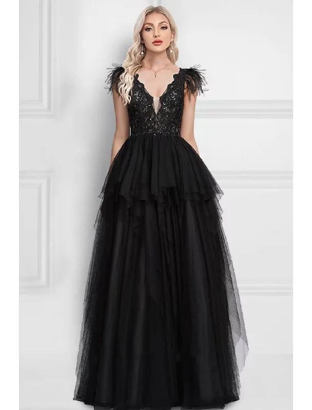 A-Line Prom Dresses Black Dress Wedding Party Floor Length Sleeveless V Neck Tulle with Feather Appliques