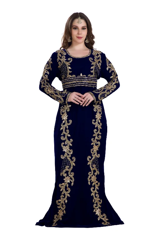 Fishcut Gown Navy Blue Velvet Crystal Moroccan Kaftan