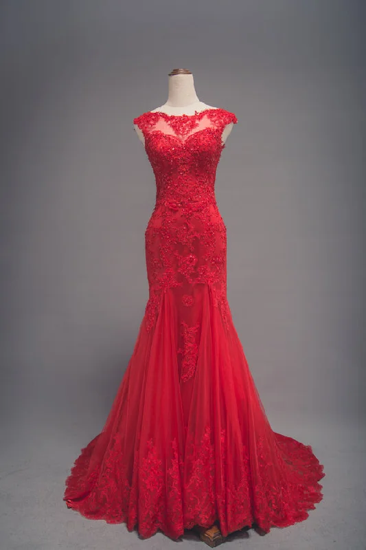 Modest Mermaid Red Lace Wedding Dress