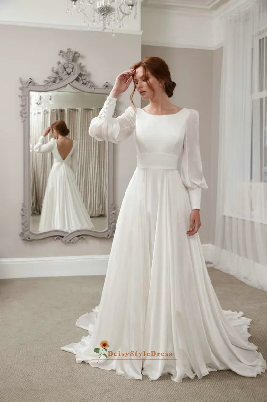 Low Back Vintage Long Sleeve Wedding Dress