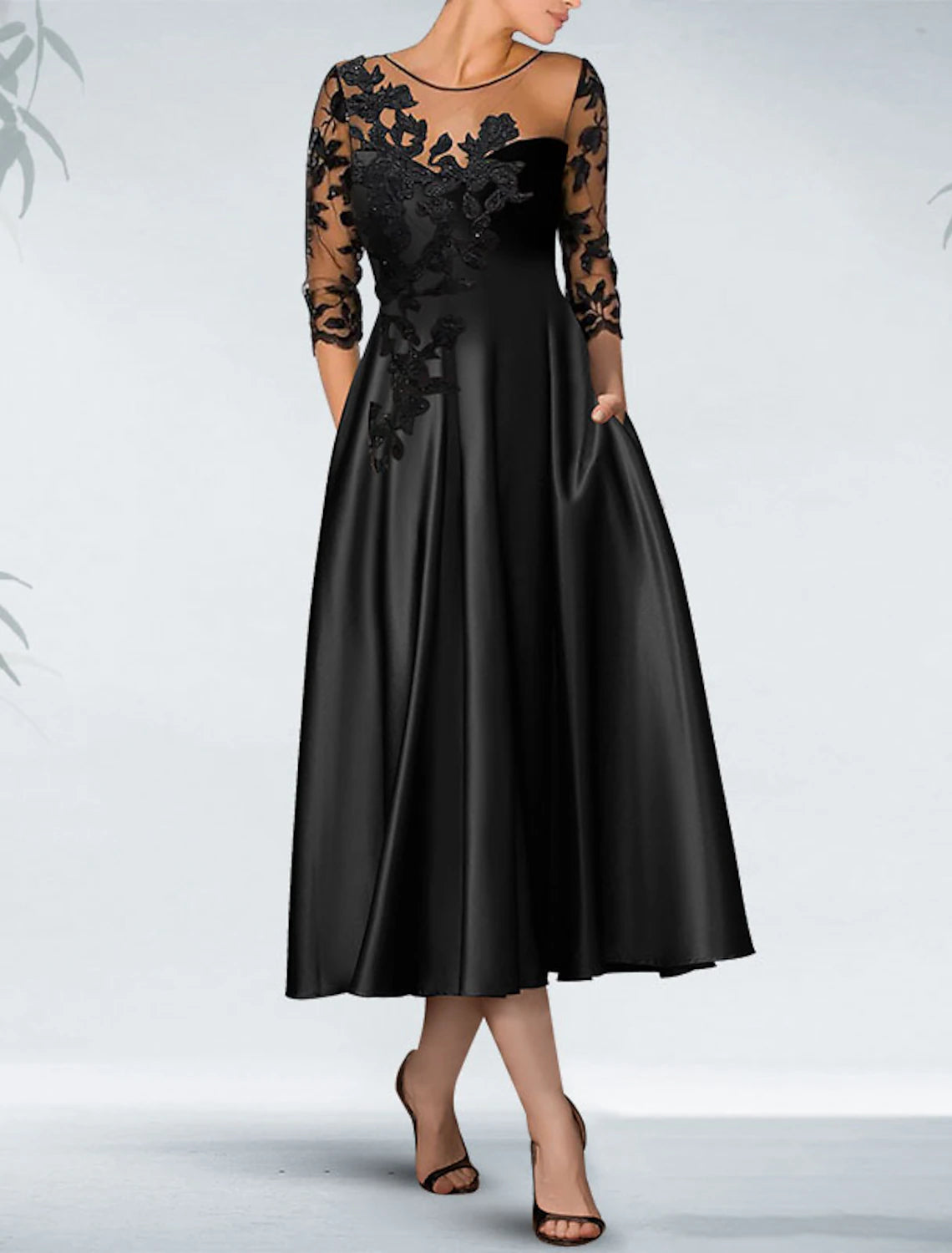 A-Line Cocktail Dresses Elegant Dress Formal Wedding Guest Knee Length 3/4 Length Sleeve Off Shoulder Pocket Satin with Beading Appliques Pocket