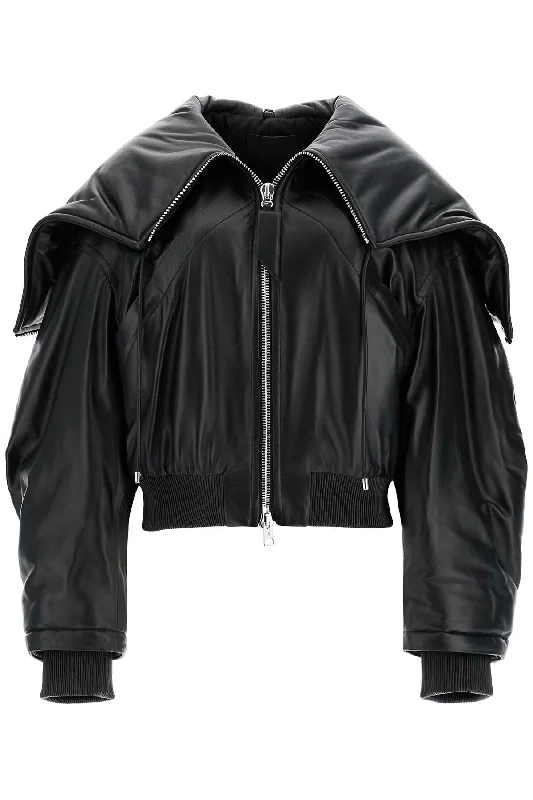 Nappa Bomber Jacket With Oversized Hood  - Black