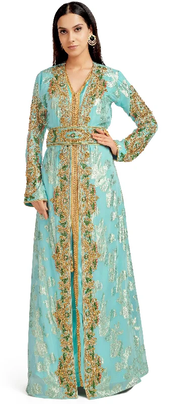 Crystal Hand work Kaftan on Turquoise Embossed Brasso