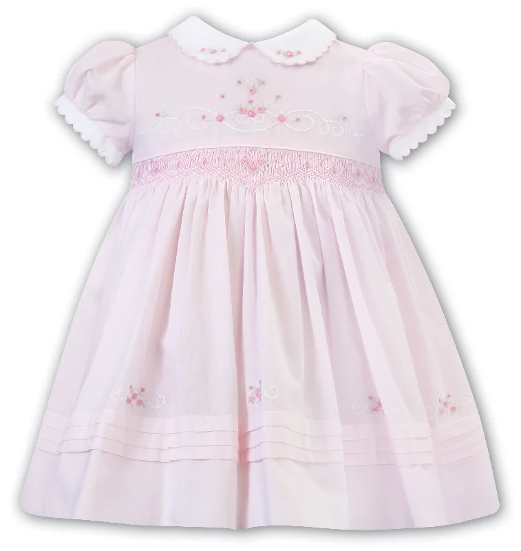 SARAH LOUISE -  Smocked Peter Pan Collar With Pink Flower Detail Dress - Pink